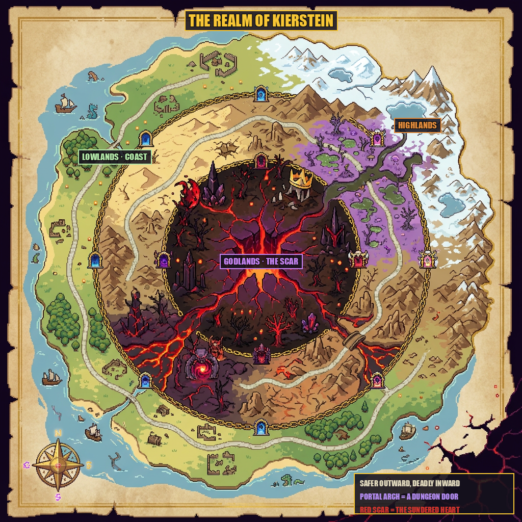 Illustrated map of Kierstein — three danger bands ringing outward from the Scar: green Lowlands and coast, brown Highlands, corrupted Godlands core