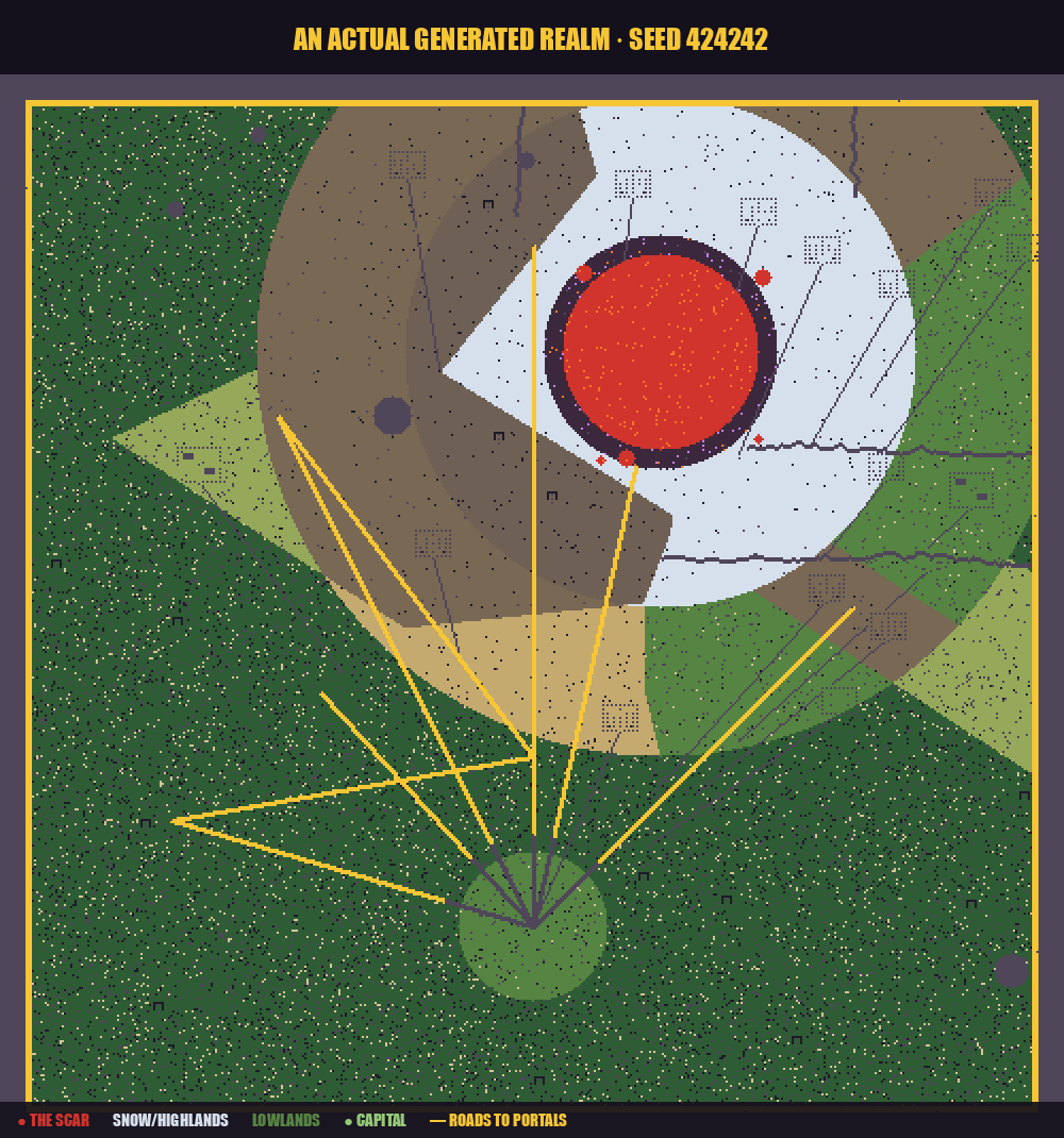 A real 500x500 realm generated by the game engine, seed 424242, showing the danger bands and the Scar