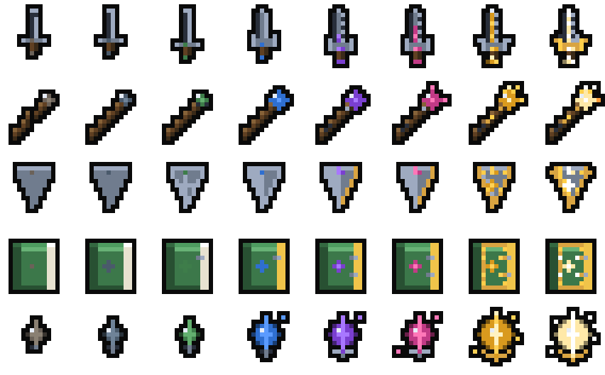 The weapon ladder: tiered weapons climbing from plain steel to gold